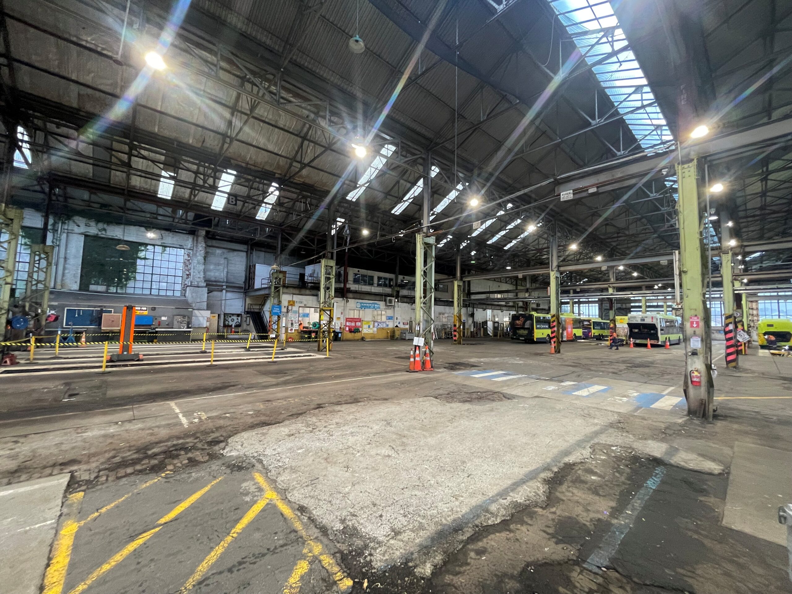 NZ Bus depot workshop interior and roof structure