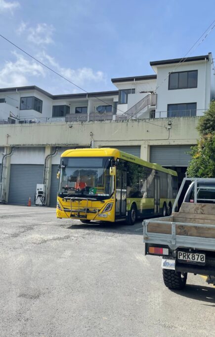 NZ Bus Karori bus depot exterior with Built Construction Group ute