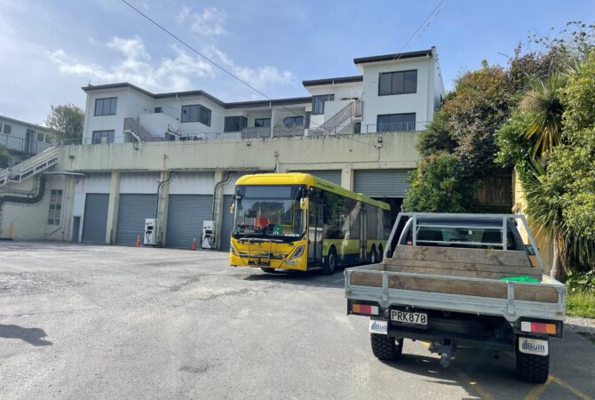 NZ Bus Karori bus depot exterior with Built Construction Group ute