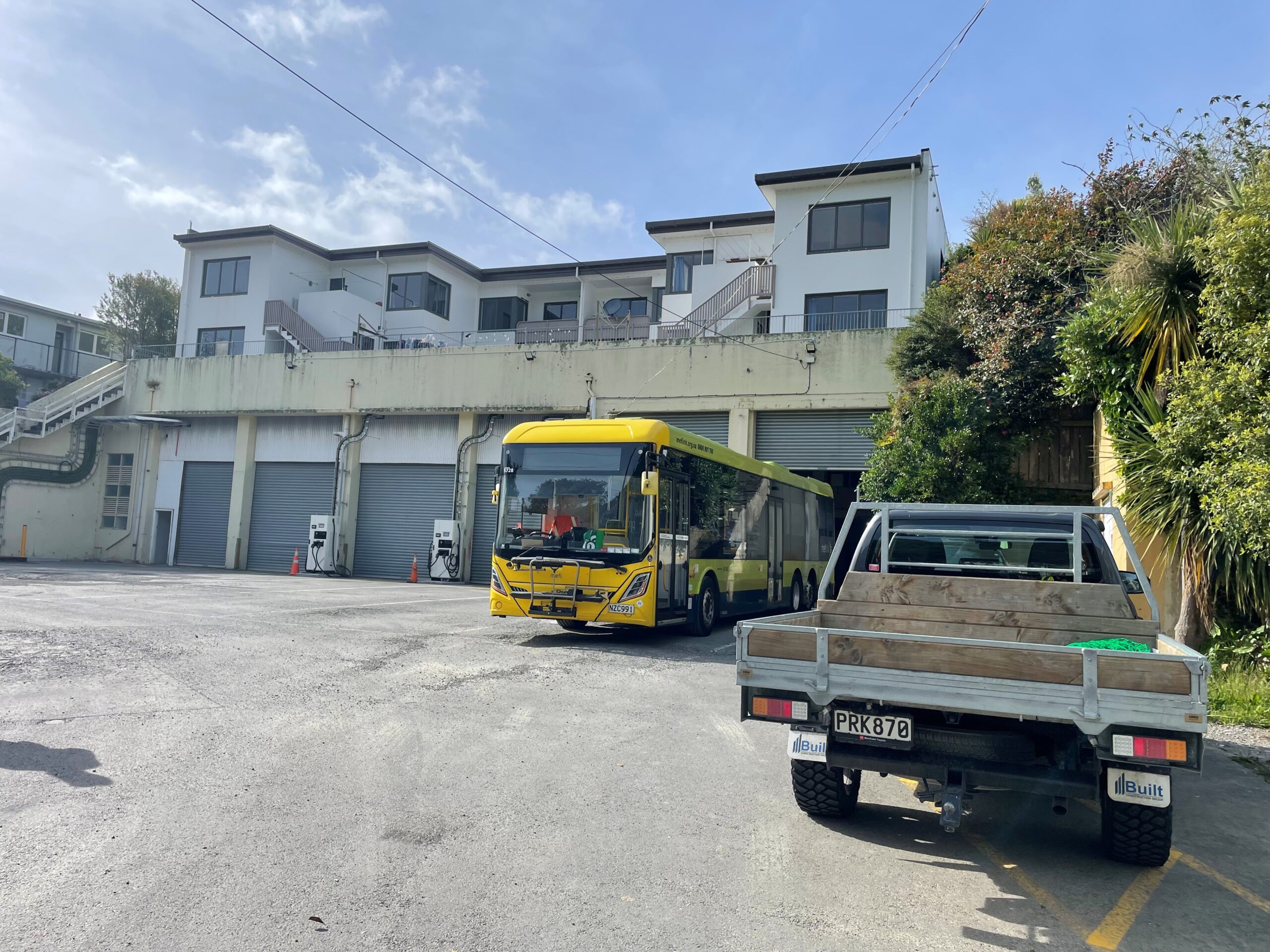 NZ Bus Karori bus depot exterior with Built Construction Group ute